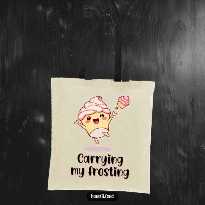 Funny tote bag featuring a playful cupcake doing a cartwheel with frosting flying, ideal for shopping or carrying workout gear.