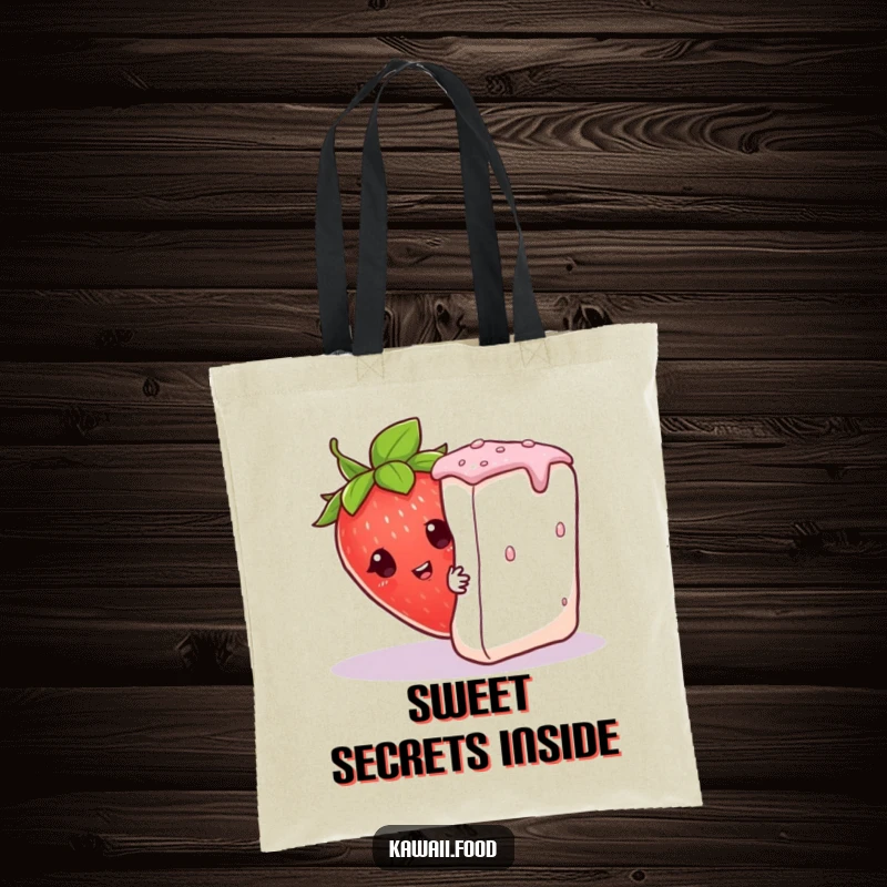 Funny curious strawberry in a leaf hat peeking from behind a massive sugar cube on this charming and humorous tote bag.