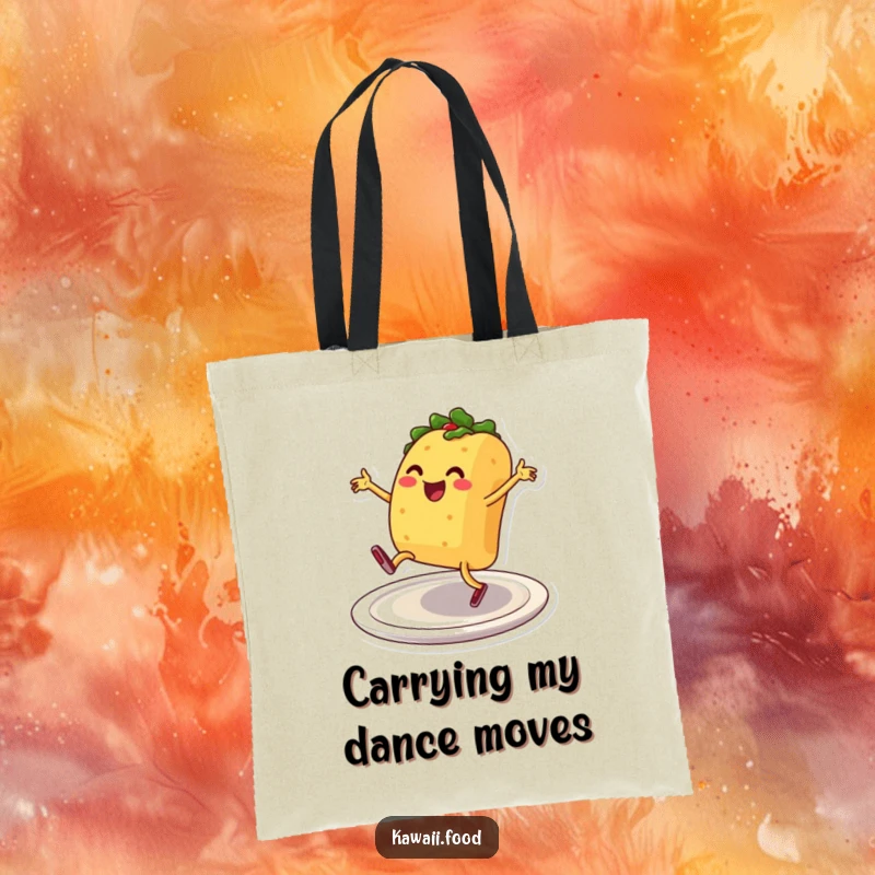 Smiling taco character with legs breakdancing on a plate, on a durable tote bag, a humorous and practical accessory.