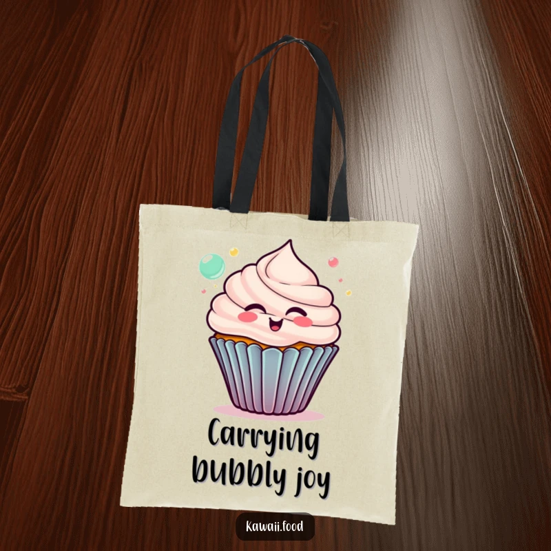 Funny cupcake tote bag, delighted character blowing colorful bubbles, a playful and practical accessory with humorous charm.
