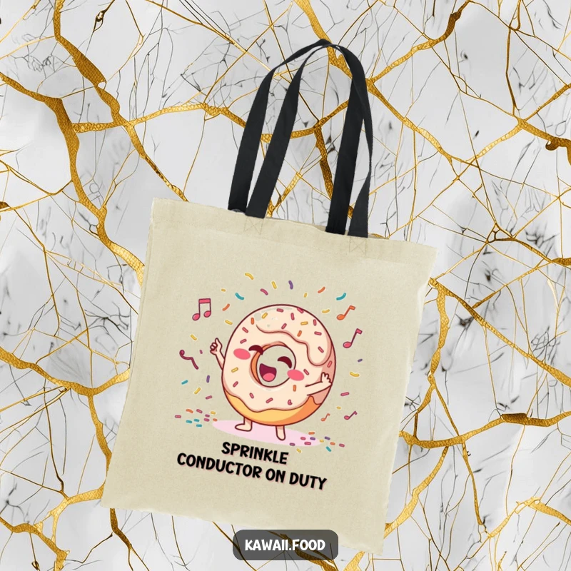 Funny tote bag with a giggling donut character conducting an orchestra of sprinkles, perfect for carrying groceries or concert tickets.