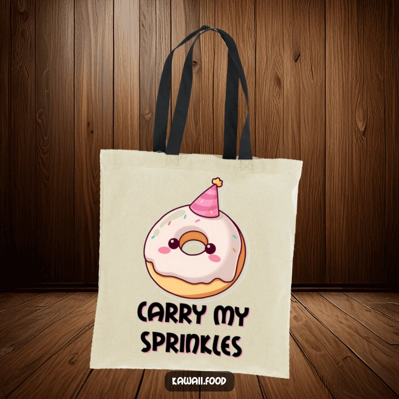 Funny donut character tote bag with a tiny party hat, a fun and practical accessory for any occasion, excellent funny gift.