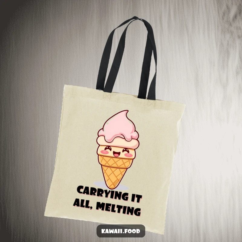 Funny ice cream cone tote bag, giggling and melting then reforming, a charming and humorous character carrying sweet, funny vibes.