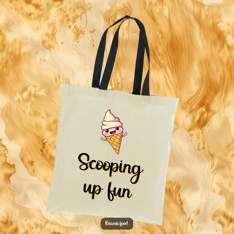 Funny tote bag featuring a cheerful ice cream cone character, spinning joyfully. Perfect for carrying essentials with sweet style.