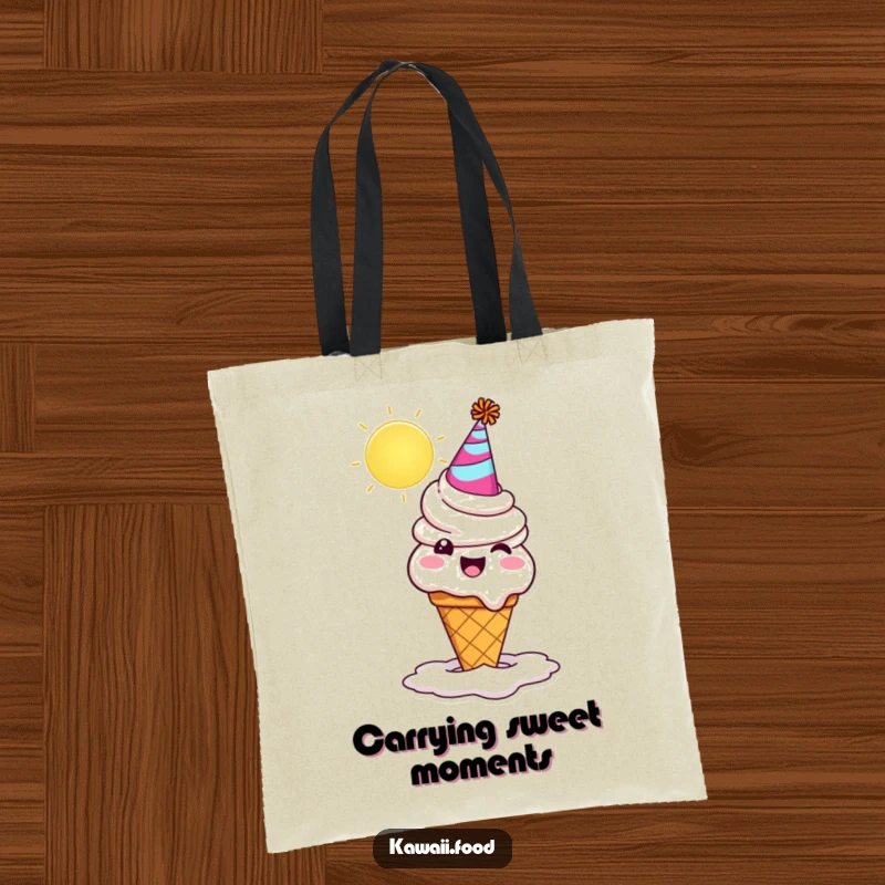 Funny ice cream cone wearing a party hat, melting adorably under the sun. A durable and funny tote bag for summer lovers.