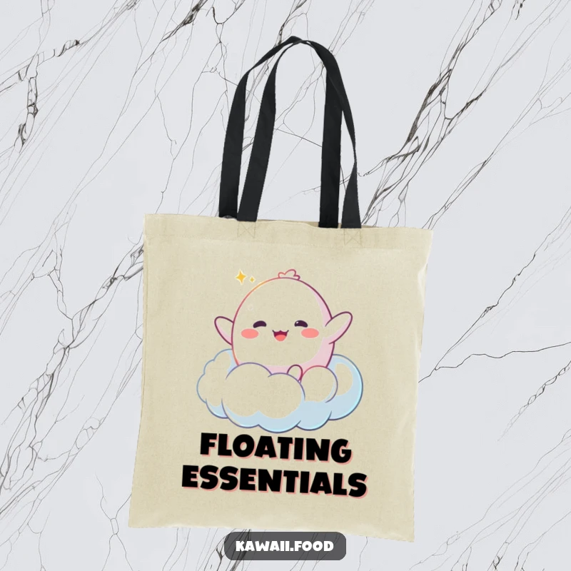 Funny Mochi Cloud Tote Bag: A happy mochi character bouncing enthusiastically on a fluffy cloud, a sweet and practical carry-all.