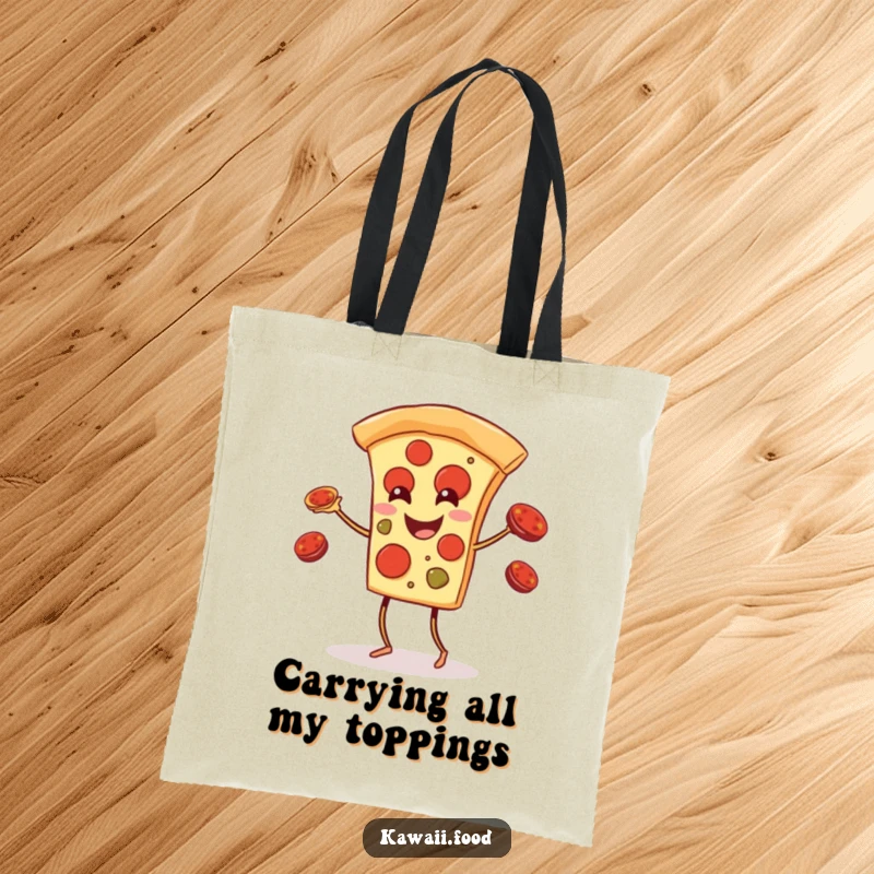 Funny pizza slice with legs actively juggling pepperoni toppings on a durable tote bag, showcasing a fun and quirky food design.