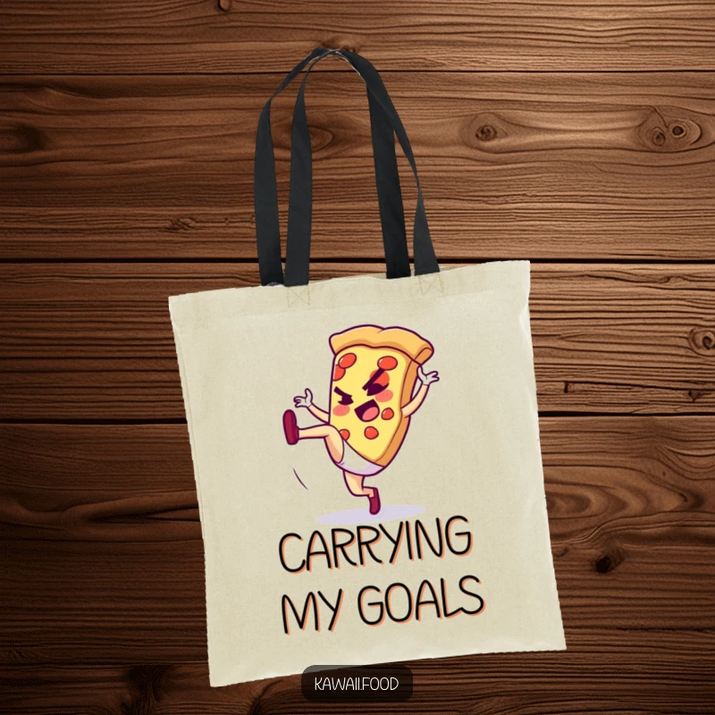 Funny tote bag with a pizza slice doing a high kick, ideal for carrying essentials with a dynamic and humorous flair.