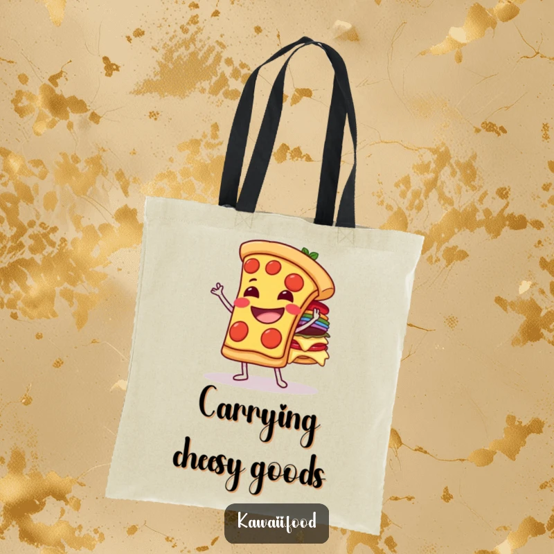 Funny grinning pizza slice character balancing a stack of toppings on a tote bag, perfect for carrying items with edible ambition.