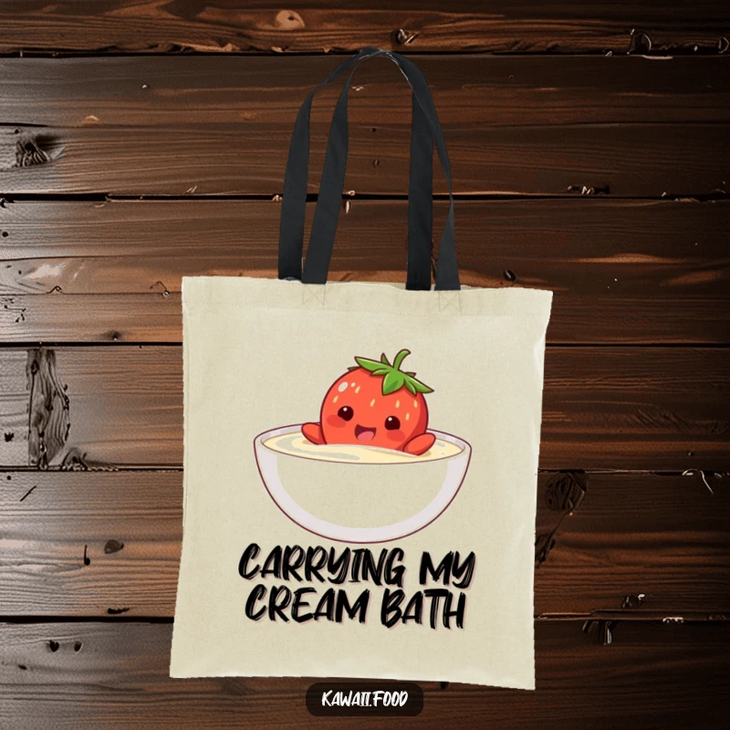 Funny tote bag with a happy strawberry character comically attempting to swim in a bowl of cream, ideal for carrying treats.