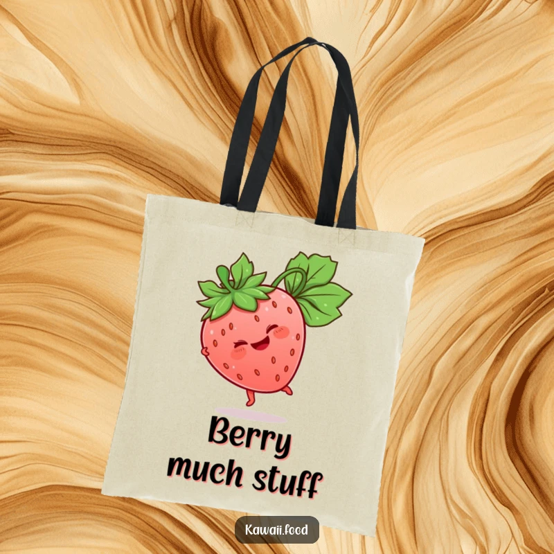 Funny Strawberry Tote Bag with a giggling strawberry character doing a cartwheel, its leaf stem adding to the playful motion, a cute accessory.