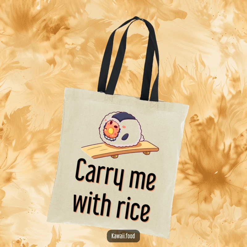 Funny tote bag illustrating a smiling sushi roll smoothly descending a ramp, perfect for carrying essentials with flair.