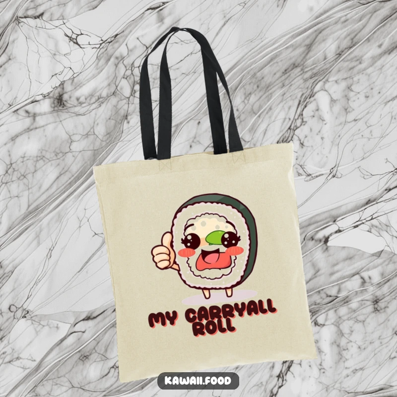 Funny sushi roll character tote bag giving a proud thumbs up, a stylish way to carry essentials, excellent funny gift.