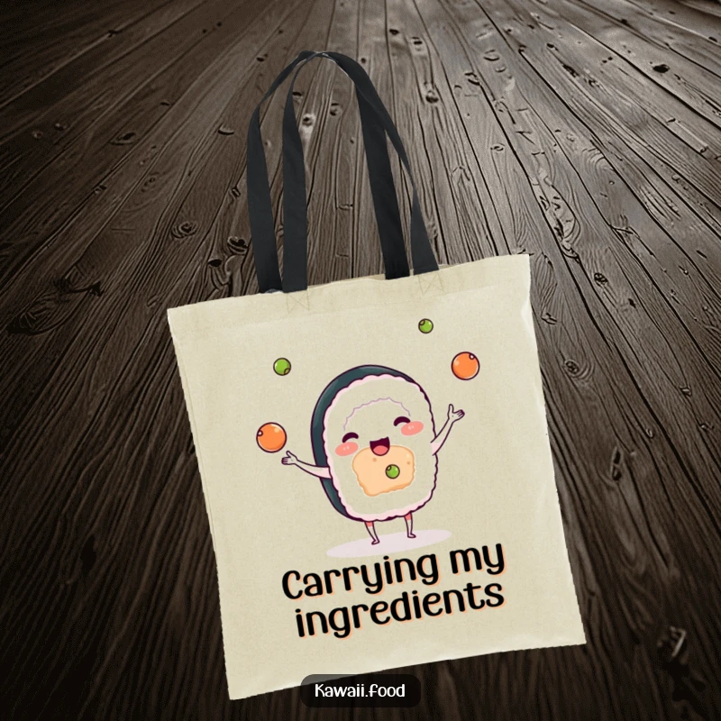 Funny tote bag illustration of a playful sushi character juggling tiny wasabi balls, a humorous and charming accessory.