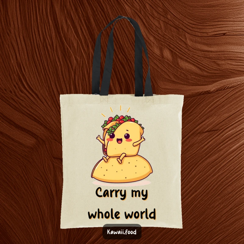 Funny tote bag showcasing a proud taco with legs riding a giant tortilla, a humorous and practical accessory.