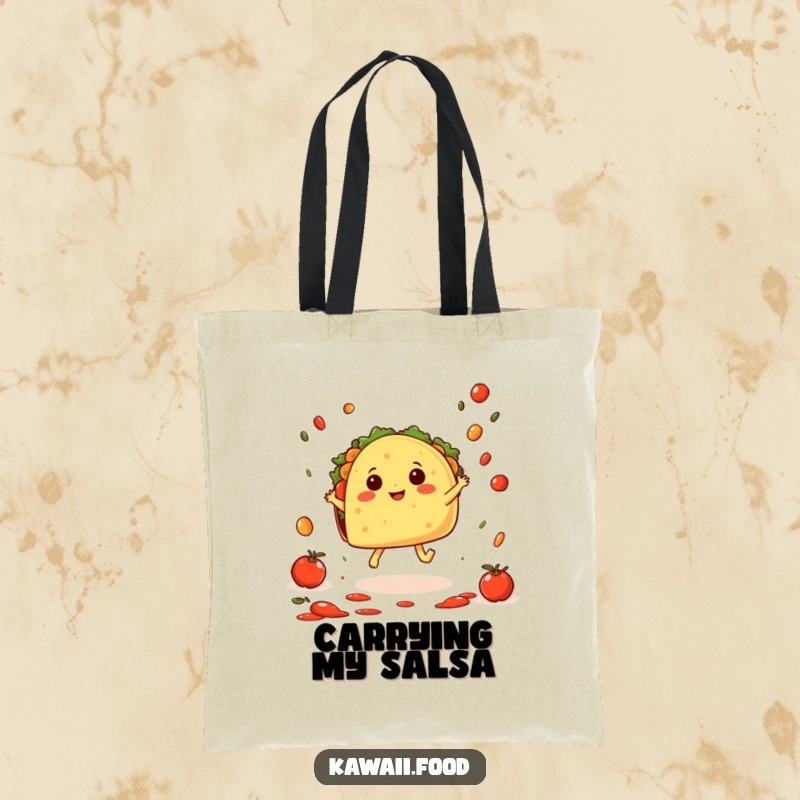 Funny Taco Hop Tote Bag: A cheerful taco character with tiny feet doing a joyful hop amidst falling salsa, a vibrant and fun carry-all.