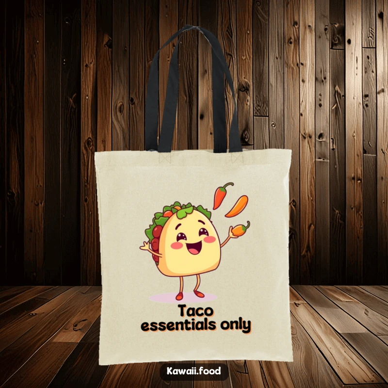 Funny smiling taco character with tiny legs enthusiastically juggling chili peppers on this practical and humorous tote bag.