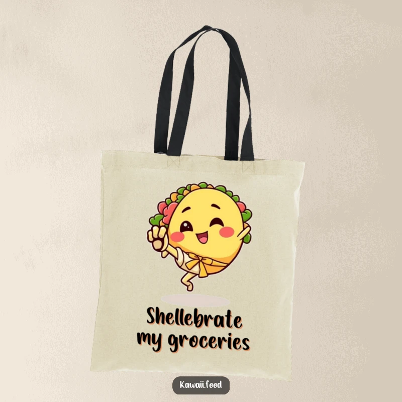Funny tote bag featuring a happy taco character performing an energetic karate kick, ready for any adventure.