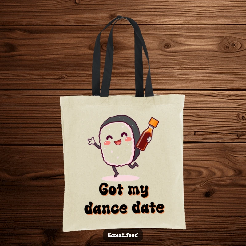 Funny Sushi Roll Tote Bag: A smiling sushi roll with arms and legs dancing joyfully with a tiny soy sauce bottle, a cheerful carry-all.