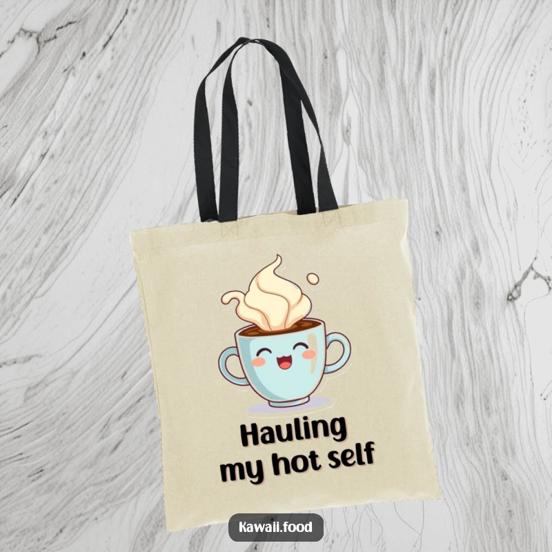 Funny tote bag with a cheerful coffee cup character comically overflowing with steam, ideal for carrying coffee and smiles.