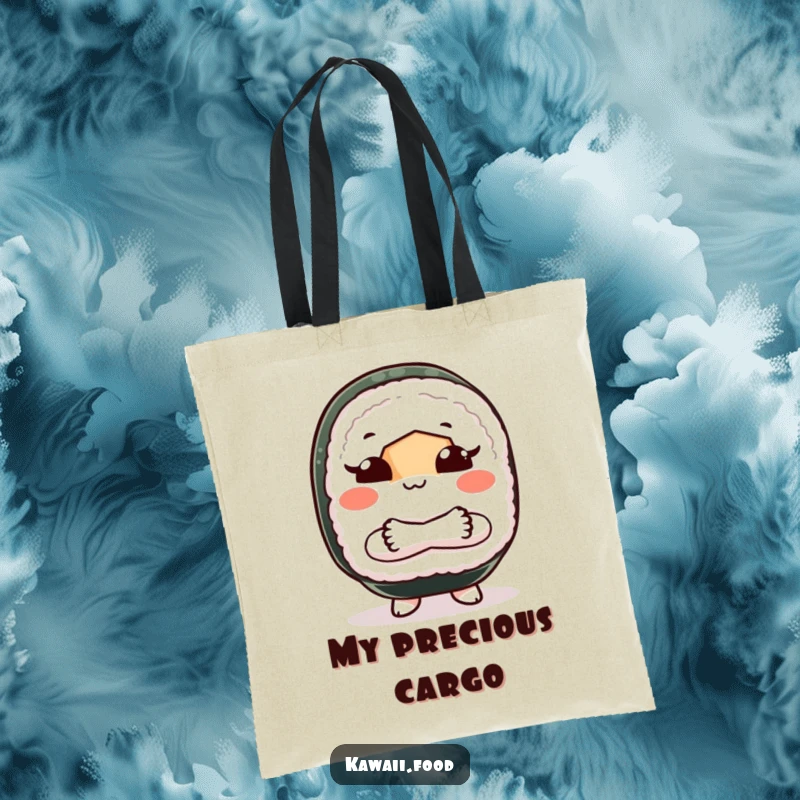 Funny tote bag featuring a sushi roll character with crossed arms, giving a playful ‘shoo’ gesture, ideal for carrying your belongings with sass.
