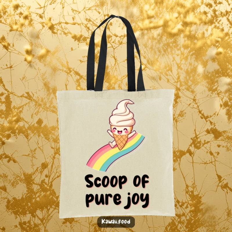Funny Ice Cream Cone Tote Bag showcasing a happy ice cream character gleefully sliding down a rainbow, a practical and cheerful accessory.